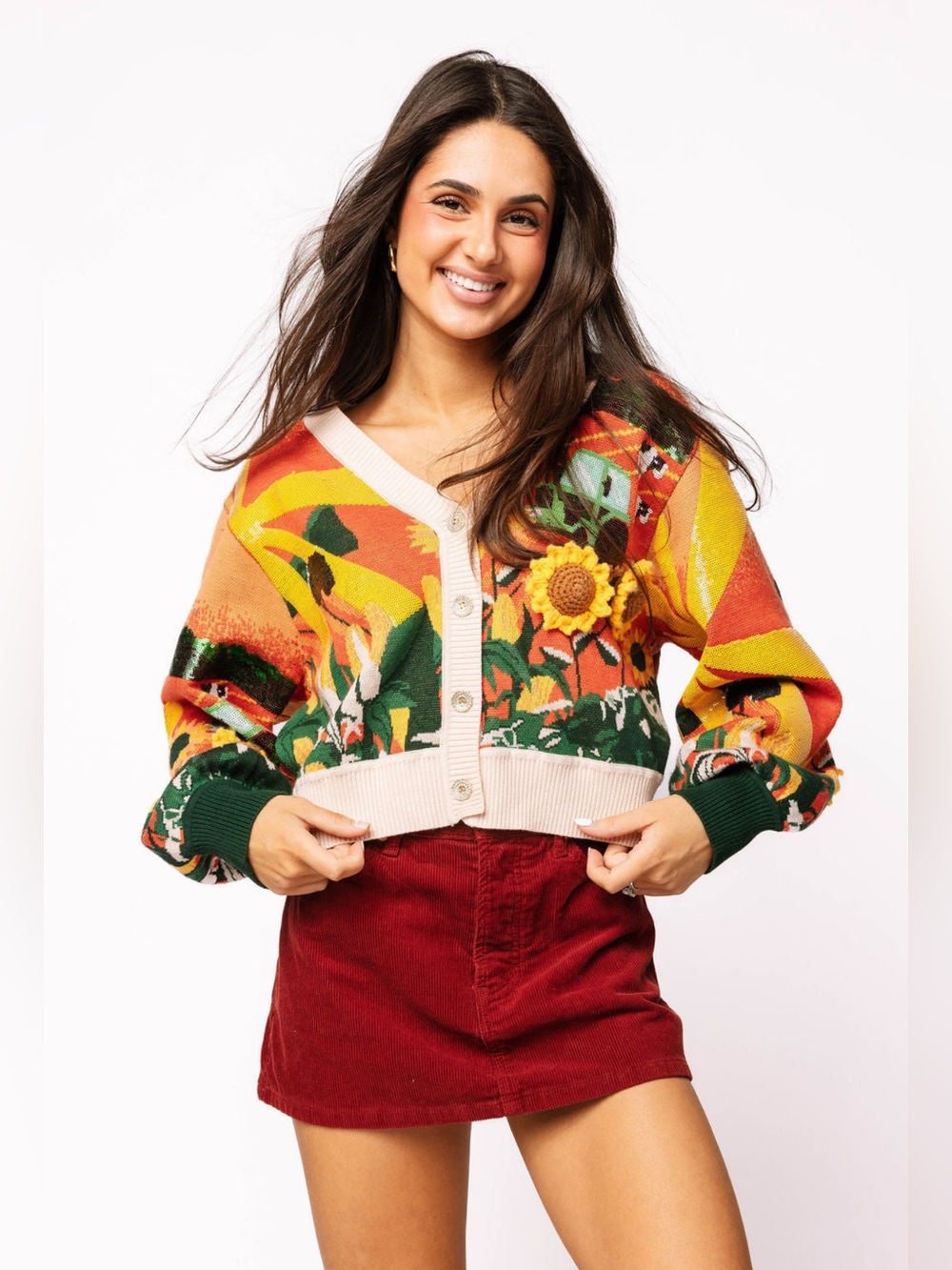 New! QUEEN OF SPARKLES Sunflower & Sequin Farm Scene Knit Cardigan